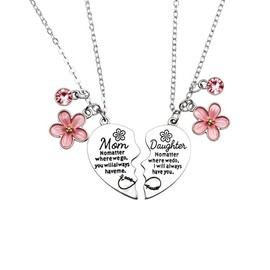 COLORFUL BLING Mother Daughter Heart Matching Pendant Necklace Set Adjustable Link Chain Flower Necklace for Mom Women Jewelry Mothers' Day Birthday Christmas Gifts-A pink