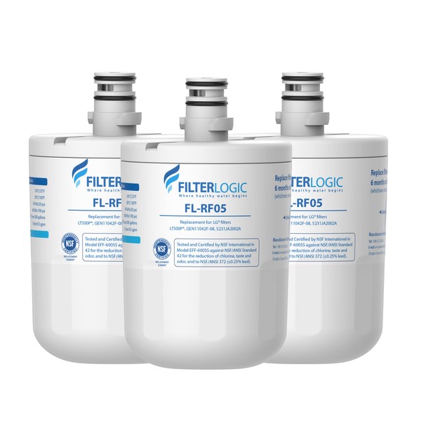 FilterLogic 5231JA2002A Refrigerator Water Filter, Replacement for LG® LT500P®, GEN11042FR-08, ADQ72910911, ADQ72910901, Kenmore 9890, 46-9890, LFX25974ST, LMX25964ST, LSC27925ST, 3 Filters