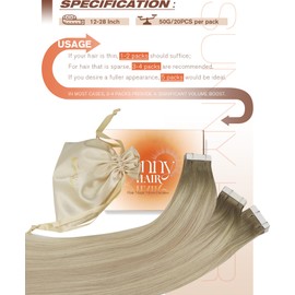 Sunny Hair Tape in Hair Extensions Human Hair Invisible Tape in Hair Extensions Straight Tape in Extensions Hair Extensions for Women 20Pcs 24inch Cool Ash Grey Balayage Blonde