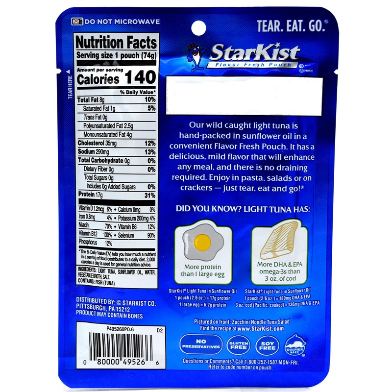 Starkist Chunk Light Tuna In Sunflower Oil, 2.6-Ounce Pouch (Pack