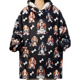 Basset Hound Gifts for Women, Wearable Flannel Blanket Hoodies, Super Soft Warm Cozy with Big Pockets - One Size Fits Most