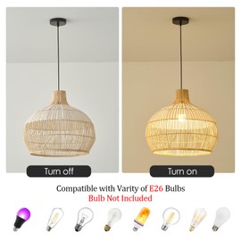 Teru Ji Kaikang Rattan Pendant Light Fixture,15.74" White Hand-Woven Faux Rattan Bamboo Boho Hanging Lamp,for Dining Living Bedroom Kitchen Farmhouse