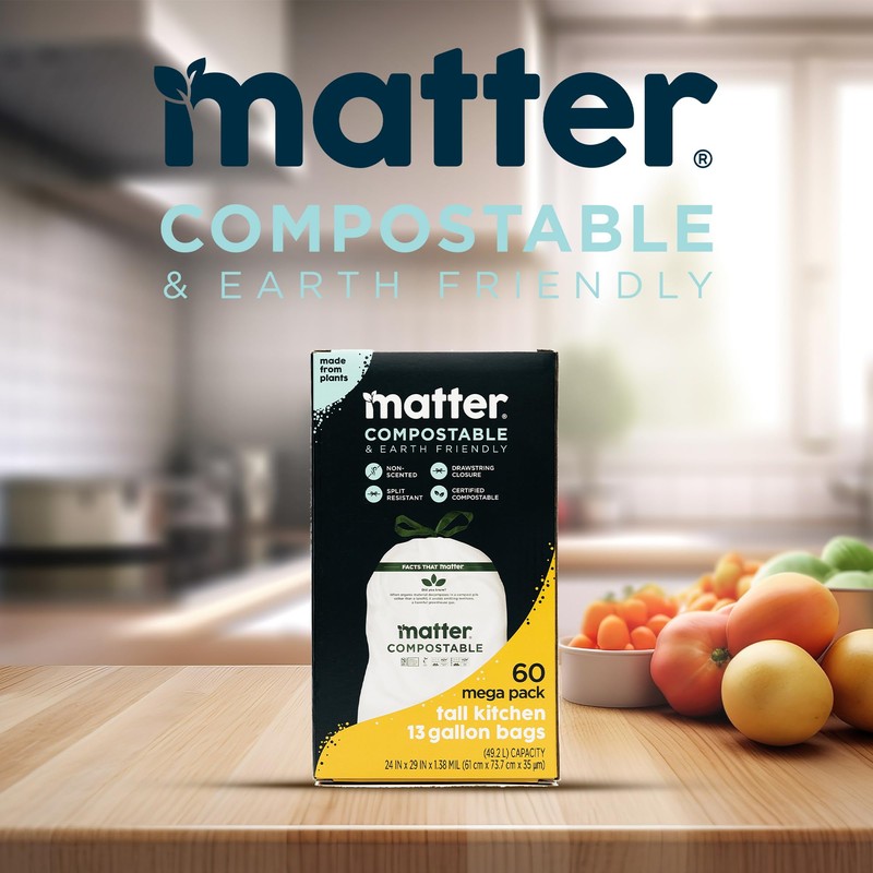 Matter Compostable 13 Gallon Tall Kitchen Trash Bags with Drawstring,