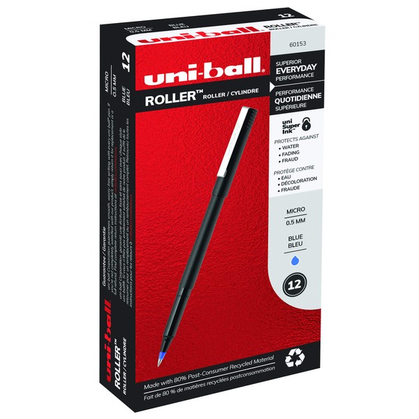 uni-ball Roller Rollerball Pens Fine Point Micro Tip, 0.5mm, Blue, 12 Pack