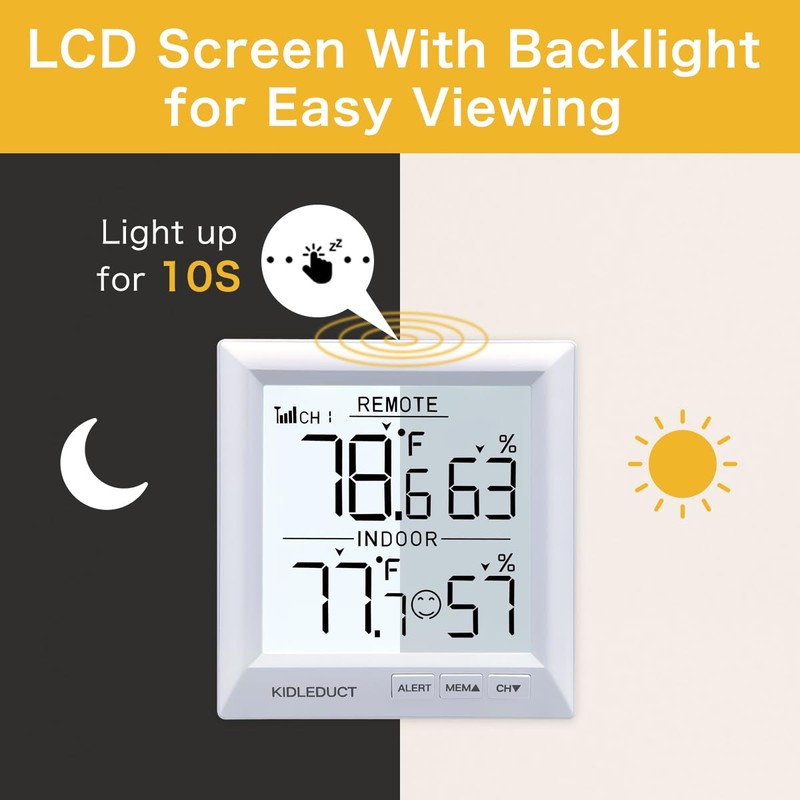 KIDLEDUCT Indoor Outdoor Thermometer Wireless Battery Powered, High Precision Inside