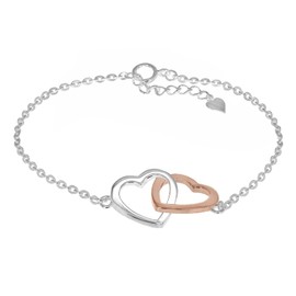 Tuscany Silver Women's Sterling Silver White and Rose Gold Plated Double Heart Adjustable Bracelet of 19cm/7.5"