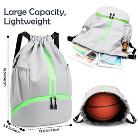 ZIXKUB Drawstring Backpack Gymbag Water Resistant Sports Sackpack with Zipper/Shoe Compartment/Wet Pocket/Mesh Pockets Gym Bag for Men Lightweight String Bag for Travel Soccer Swim Hiking, Grey