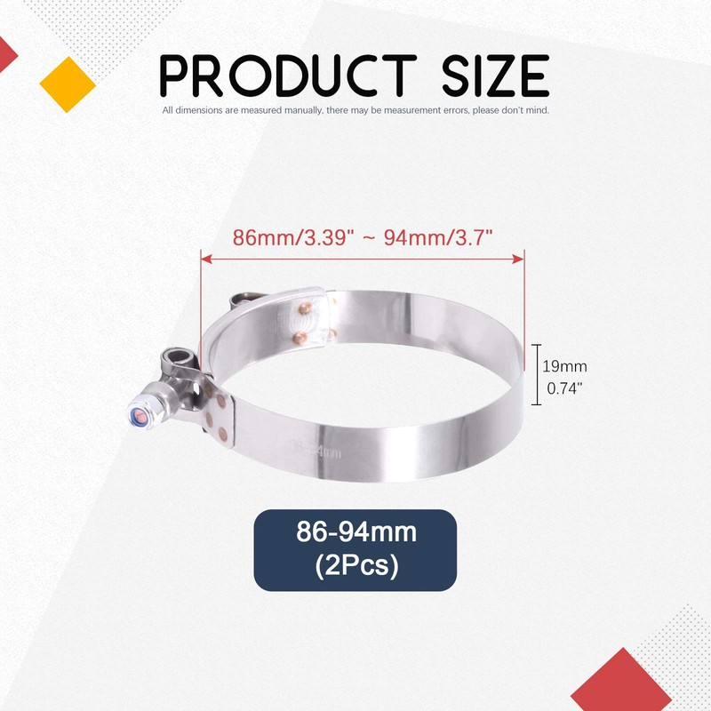Hilitchi 2Pcs Stainless Steel T-Bolt Clamps with Rounded Band Edges