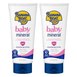 Banana Boat Baby 100 Mineral, Tear-Free, Reef Friendly, Broad Spectrum Sunscreen Lotion, SPF 50, 6oz. , 2 Count (Pack of 1)                           