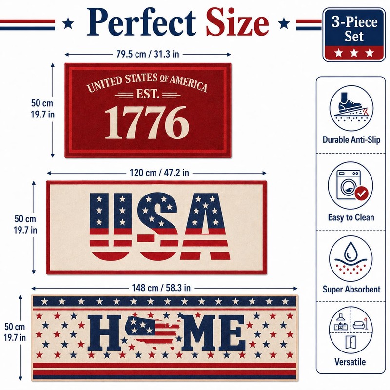 pldnhzua 3 Pcs 4th of July Patriotic Kitchen Mat and