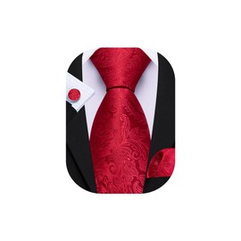 Barry.Wang Crimson Red Tie for Men Paisley Silk Necktie Pocket Square Cufflinks Set Formal Wedding Party Business
