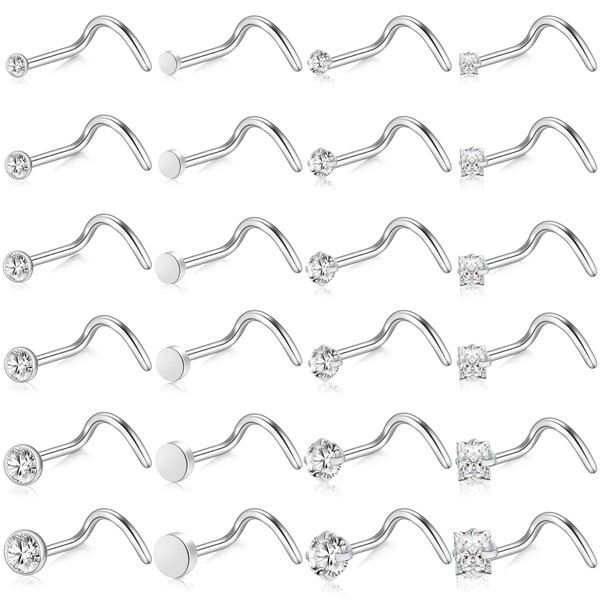 ONESING 24 Pcs 20G Corkscrew Nose Rings for Women Silver