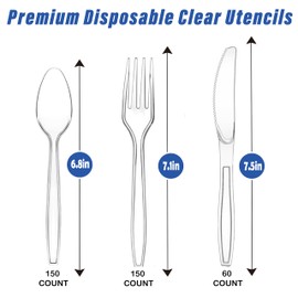 FYIN-HONG 360 Count Heavy Duty Plastic Silverware, Disposable Clear Plastic Utensils Set, 150 Forks, 150 Spoons, 60 Knives, BPA-Free, Heat Resistant; Cutlery Set for Party