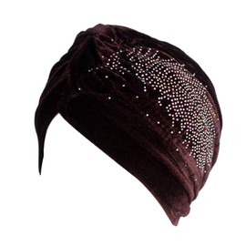 Decou Feather Image Velvet-Feel Twist Pleated Hair Wrap Stretch Turban Hat (Brown)