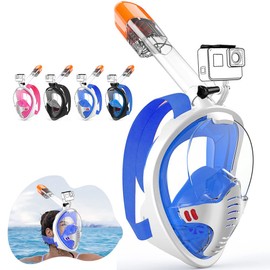 Tyuodna Snorkel Mask Adults and Children, Diving Mask, Full Face Mask, CO2 Safe, 180 Degree Vision, Diving Mask, Full Mask, Anti-Fog Snorkeling Mask with Camera Position (White Blue, S/M)