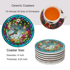 Cute Bird Coaster Set of 6 Flower Drink Coasters, Absorbent Ceramic Coaster Coffee Kitchen Coasters Floral Hummingbird Stained Colorful Modern Coasters for Decorative Bar Coasters Tea Table