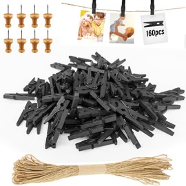 Hengxinchen Pack of 168 Mini Wooden Pegs Small Black Mini Clothes Pegs Wedding Small Wooden Pegs for Polaroid Photos with 10 m Jute String DIY for Photo Wall Display Party (2.5 x 0.3 cm)