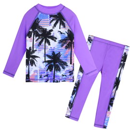 TFJH E 2PCS Girls Swimsuits Long Sleeve Rashguard Sunsuits Beachwear UV 50+ 5-6t Long Purple Tree 6A