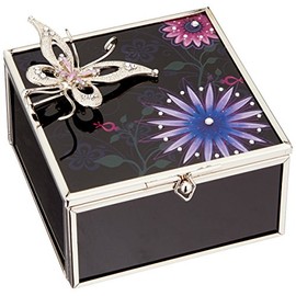 StealStreet SS-A-38138 Square Butterfly Jewelry Box and Vivid Black Bright Flowers Fantasy