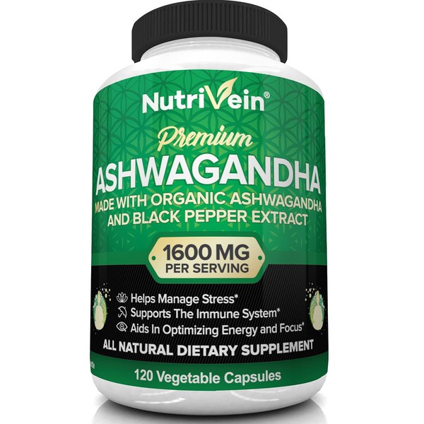 Nutrivein Organic Ashwagandha Capsules 1600mg with Black Pepper Extract - 120 Vegan Pills - 100% Pure Root Powder Supplement - Supports Stress Relief, Immune, Energy, Stamina & Mood