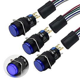16mm Latching Push Button Switch Round Cap Maintained 0.63" 1NO 1NC SPDT ON/Off with 12v LED Light Waterproof 5 Amps with Wire UL Listed 3 Pcs K16-371 (Blue, Latching)