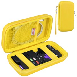 BOVKE Hard Case for Roku Voice Remote Controller, Roku Streaming Stick+ / 4K, Roku Remote Case for Roku TV Steaming Stick 3820R/ 3821R/3941R, Extra Mesh Pocket for Adapters, Cables, Yellow