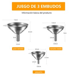 Embudo para Cocina, Embudo de Acero Inoxidable de 3 Piezas, Mini Embudos de Grado Alimenticio para Uso en La Cocina, con 3 Cepillos de Limpieza, Adecuado para Transferir Líquidos, Polvos, Especias