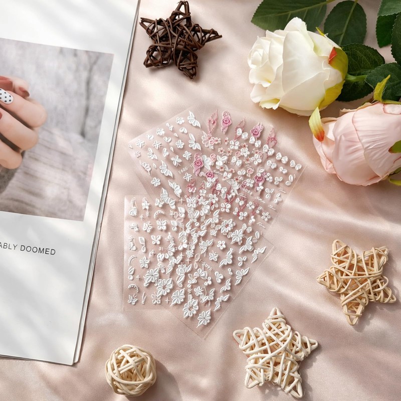 Embossed White Floral Nail Stickers Set – 5 Sheets Self-Adhesive