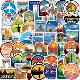 HannaFires 50pcs Travel Landmark Stickers – Waterproof Vinyl Adventure Stickers for Luggage, Laptop, Bike, Skateboard – Cartoon World Famous Cities Including London Eye, NYC, Paris, Hong Kong & More
