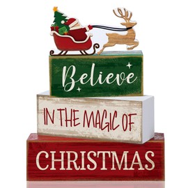 Lineshading 4 Pcs Christmas Table Decoration Wooden Santa Claus Decor Christmas Tiered Tray Decor Decorative Santa Claus Elk Block Sign Gift Farmhouse Xmas Table Centerpiece for Home Kitchen Shelf