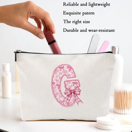 Pink Bow G, Alphabet Makeup Bag for Women, Washable Travel Organizer Toiletry Cosmetic Bag, Coquette Bow Letter Pattern Large Capacity Makeup Pouch with Zipper, Christmas Gifts for Women