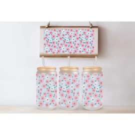 Mugzan Pink Cute Flowers Frosted Glass Can W Bamboo Lid 16Oz Glass Cup by Mugzan