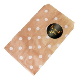 CuteBox Company 100pcs 6" x 9" White Polka Dot on Kraft Flat Paper Gift Bags with 100pcs 1.5" Black/Orange Thank You Stickers for Retail, Packaging, Party Favors, Birthdays, Weddings