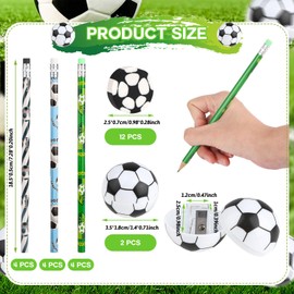 Pack of 12 Football Pencils, HB Wooden Pencils with 12 Erasers and 2 Sharpeners, Graphite Pencil, Novelty Sports Party Bag Filler, Football Party Bag Pencils Set for Children, Students, Adults