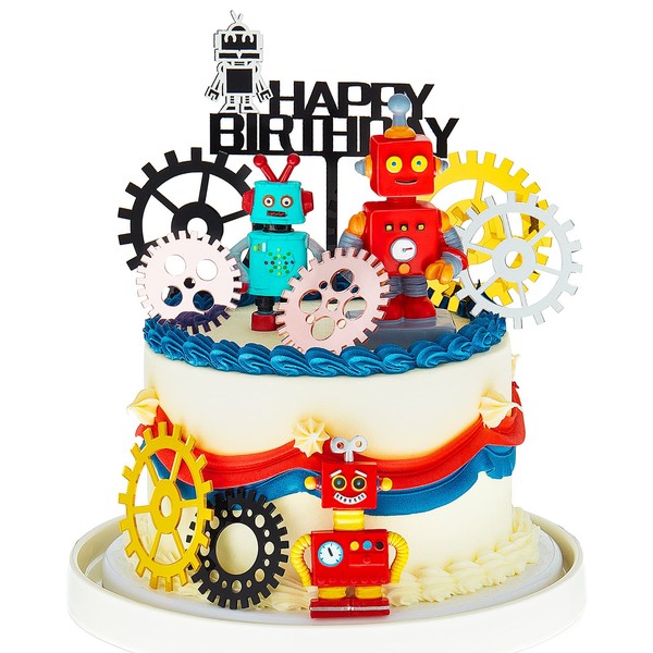 11 Pieces Robot Cake Toppers for Boys Robot Birthday Cake Topper Gear Happy Birthday Robot Cake Cupcake Decorations Robot Themed Party Decorations Robot Figurine for Robot Birthday Party Supplies