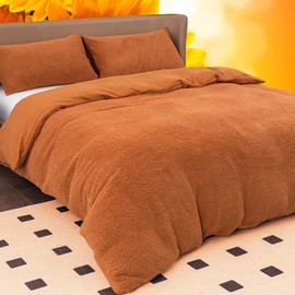 QUILTINA Shu Velveteen Warm Duvet Cover Set with 2 Pillowcases, Queen Size Luxury Coral Fleece Quilt Cover for Autumn Winter, Button Closure Velvet Duvet Cover, Yellowish Brown, 90" x 90"