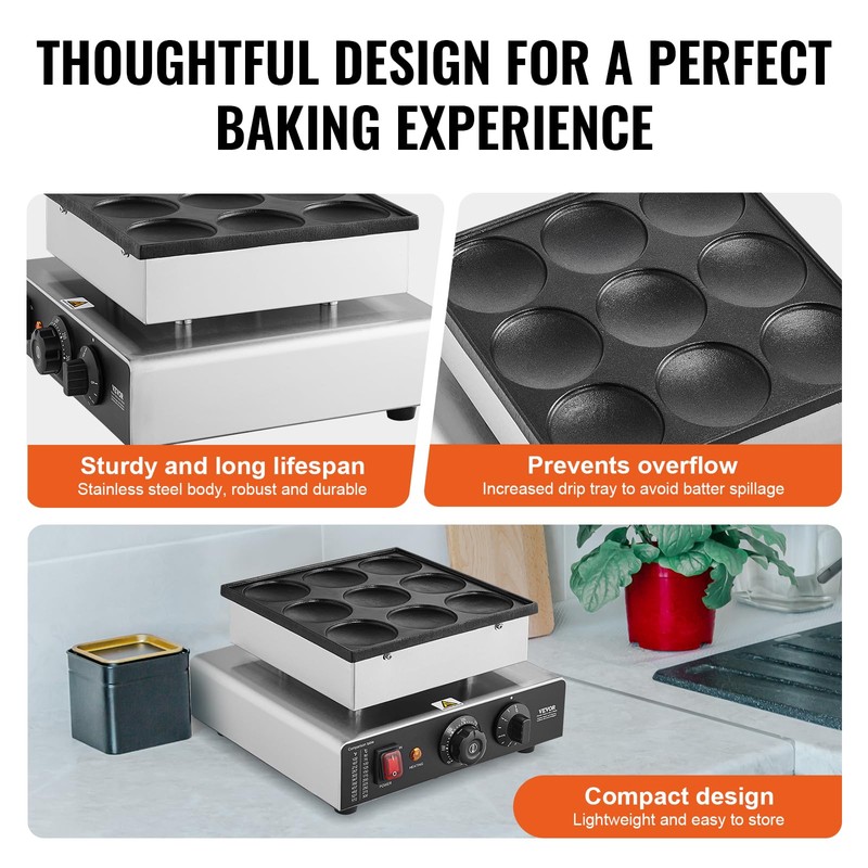 VEVOR Dutch Pancake Maker, 9PCS 76mm Diameter Dorayaki Baker Machine,