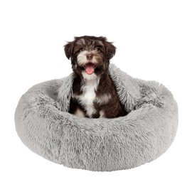 Friends Forever Luna Donut Cat Bed Cave, Soft Faux Fur Hooded Blanket Dog Couch For Indoor Pet, Fluffy Calming Plush Shag, Cozy Round Cushion, Machine Washable Cuddler, Self Warming, Grey