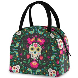 ZzWwR Dia De Los Muertos Sugar Skulls Lunch Tote Bag with Front Pocket Reusable Insulated Thermal Zipper Closure Cooler Container Bag for School Work Picnic Travel Fishing Beach