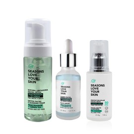 Seasons Love Your Skin Tratamiento con Niacinamida: Limpiador Facial en Espuma Detox + Serum Facial Niacinamida + Protector Solar FPS 50 Efecto Mate