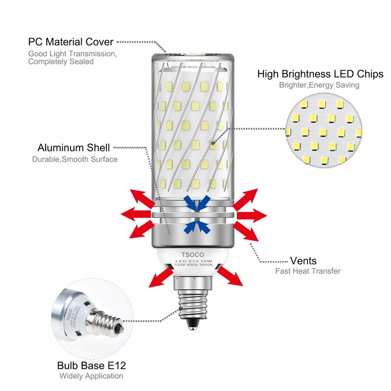 TSOCO E12 LED Bulbs,16W LED Chandelier Light Bulbs,120 Watt Equivalent,3000K