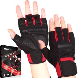 PhysFlex Workout Gloves for Men & Women - Weight Lifting & Gym Gloves with Enhanced Grip, Wrist Support & Palm Protection - Fitness Gloves for Training, Crossfit, Cycling & Exercise (Red, Large)