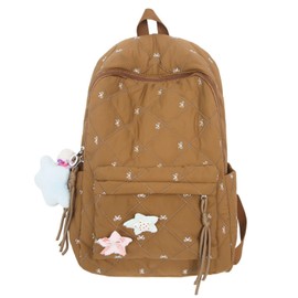 MININAI Women's Quilted Cute Aesthetic Backpack Bow Print Lightweight Puffer Laptop Book Bag for College Travel Daypack (Khaki)