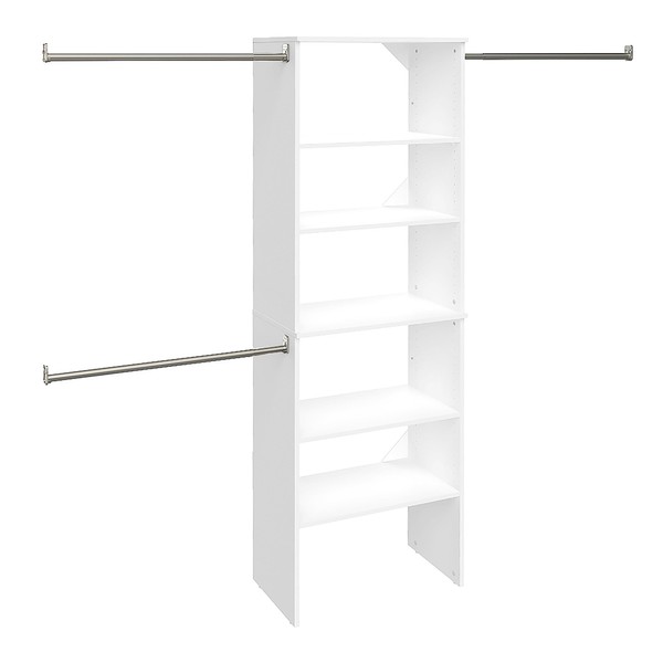 ClosetMaid SuiteSymphony Wood Closet Organizer Starter Kit Tower and 3 Hang Rods, Shelves, Adjustable, Fits Spaces 5 – 10 ft. Wide, Pure White, 25"
