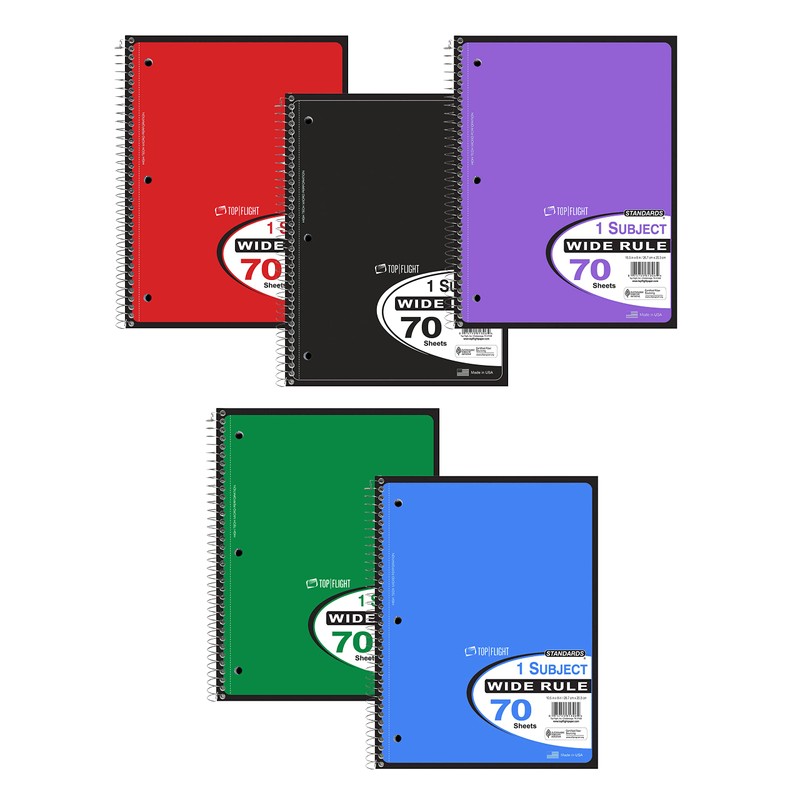 Top Flight Standards 1-Subject Notebook, 70 Sheets, Perforated, Wide Rule,