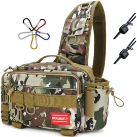 HAKAWAFLY Fishing Bag 5-Way with 2 Rod Belts and 5 Carabiners Fishing Bag Waterproof Tackle Bag Multi-function Large Capacity Langan Bag (Woodland Camouflage)