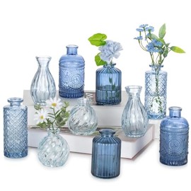 Glasseam Glass Bud Vases for Centerpieces, Vintage Embossed Small Vases | 10Pcs Blue, Thick Glass Vases for Single Flower Mini Stem, Versatile Table Decorations for Home, Offices and Wedding Party