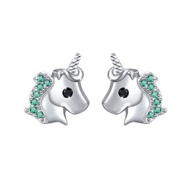Flyow S925 Sterling Silver Jewelry Unicorn Stud Earrings for Women and Girls (Green)