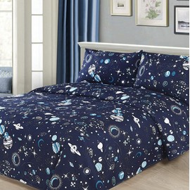 Sapphire Home 4 Piece Space Themed Full Bed Sheets for Kids - Fitted Toddler Kids' Sheet & Pillowcase Sets - Planets, Solar System Bedroom Kit - Full Size