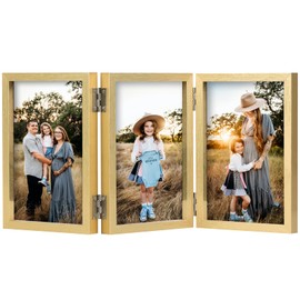 Triple 5x7 Photo Frame Hinged Folding Wood Picture Frame with Glass Front Stand Vertical on Desktop Gold